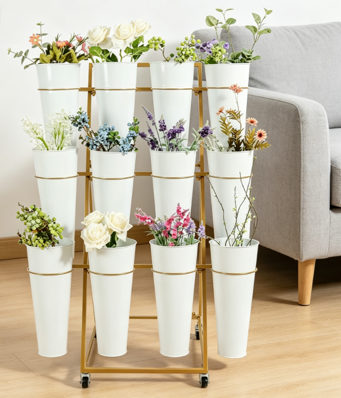 Moveable three tiered flower stand with braked iron bucket